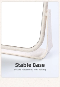 Detail showing the stable U-shaped base and beige textured frame of the desktop makeup mirror