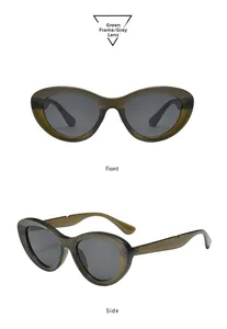 Front and side view of olive green cat eye sunglasses with grey lenses and wide temples