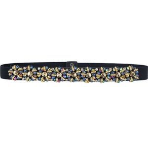 Elastic black waist belt with multicolored crystals and gold metal detailing for dresses