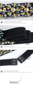 Detail of crystal embellishments and metal snap buttons on women elastic belt