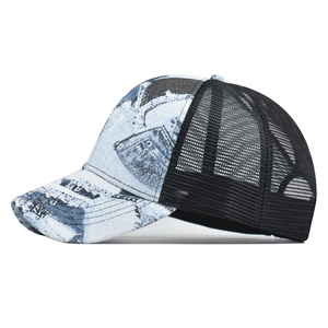 Tie-dye washed denim trucker hat with breathable black mesh back for women ponytail style