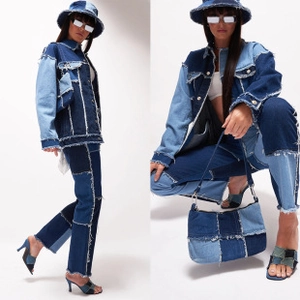 Detail of retro fringed denim patchwork outfit with jacket, pants, hat, and bag