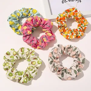 5-pack fruit print scrunchies featuring lemon and peach patterns for ponytails