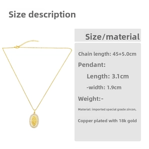 Detail showing 18K gold plated Virgin Mary pendant with cubic zirconia inlay and dimensions