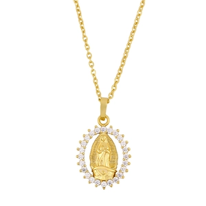 Virgin Mary oval medallion necklace with gold plating and sparkling crystal border