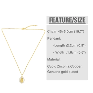 Detailed macro of Virgin Mary oval pendant necklace with sparkling cubic zirconia inlay