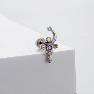 Titanium steel silver moon scepter stud earring with purple zircon and iridescent stones