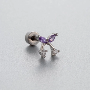 Elegant butterfly titanium steel stud earring with purple and clear zircon stones