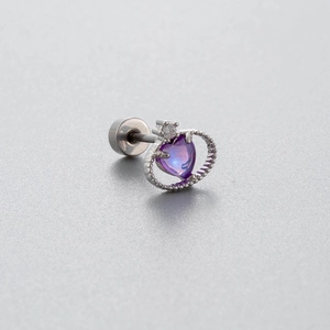 Titanium steel heart-shaped ear stud with purple zircon and silver beaded metal frame