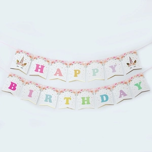 Glittering unicorn happy birthday banner with colorful letters for party decorations