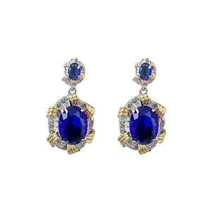 Vintage oval blue zircon earrings with gold and silver filigree and small diamonds