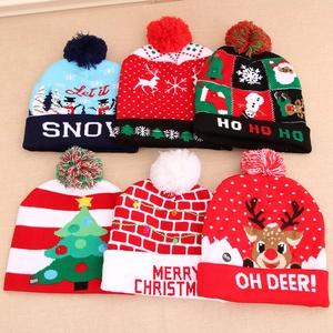 Set of 6 knitted Christmas hats with colorful LED lights and festive holiday patterns