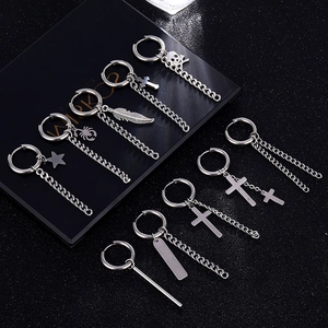 Punk Hoop Earrings With Stainless Steel Earring Post Gothic Cross Feather Skull Pendant Dangle Chain Street Hip Hop Jewelry