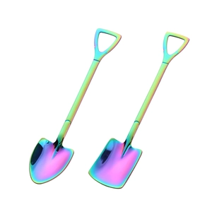 Rainbow stainless steel shovel spoon set with round and square heads on white background