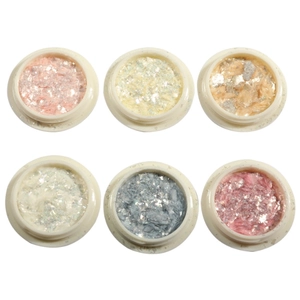 6 jars of aurora opal nail sequins with polarising ice crystal effect on white background