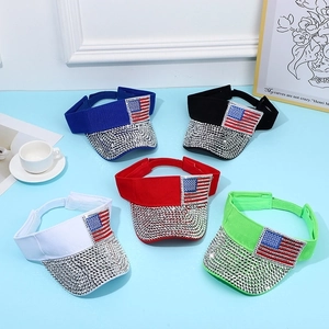Women Rhinestone Sun Visor Hat US Flag Embroidery Sparkling Canvas Empty Top Adjustable Sporty Summer Outdoor