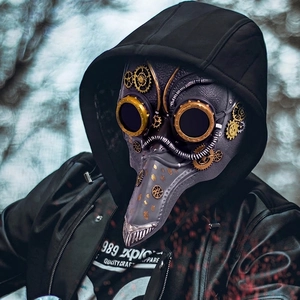 Steampunk plague doctor mask with metallic gears and golden goggles for Halloween cosplay