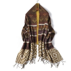 Geometric Pattern Scarf Tassel Winter Warm Shawl Soft Acrylic Double Sided Pashmina Style For Women Fashion Wrap