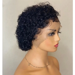 Short black curly afro wig for women with lace front design shown on a model head