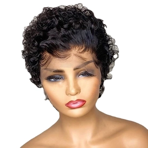 Short black fluffy afro curly wig for women featuring natural hairline on white background