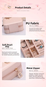 Detailed view of pink square jewelry box with velvet lining and metal zipper closure