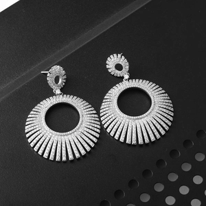 Silver long tassel earrings with radiant fan shape and micro-pave cubic zirconia