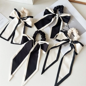 Satin Bow Scrunchie With Long Streamers Contrast Color Hair Tie Elegant French Style Women Headwear