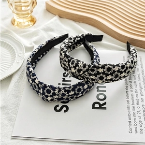 Cross-knot wide floral embroidery headbands in black and navy blue on elegant background