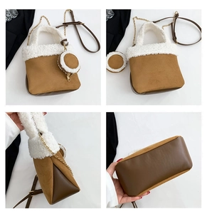 Multi-angle view of brown suede and white fleece bucket bag with chain and coin purse