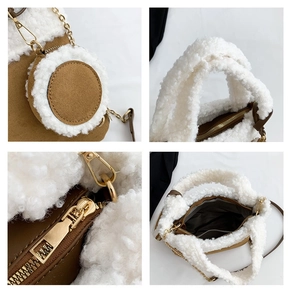 Detailed views of faux shearling and suede bucket bag showing texture and golden hardware