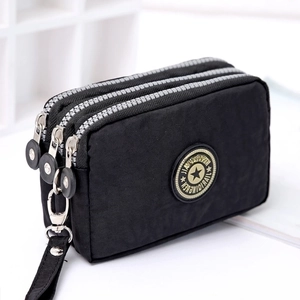 Nylon 3 Zipper Pouch Triple Compartment Coin Purse Phone Bag With Wristlet Waterproof Makeup Organizer Small Handbag