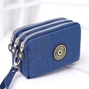 Blue washed denim nylon triple zipper clutch bag with wristlet for women and mobile phone