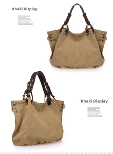 Detailed views of khaki canvas tote bag with brown woven handles and metal rivets