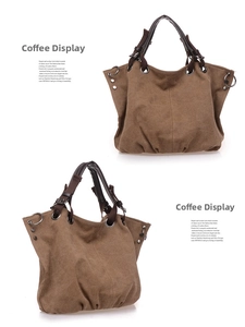Detailed views of the coffee brown canvas tote bag featuring silver rivets and metal rings
