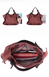 Detail of canvas handbag interior showing structure analysis and various storage pockets