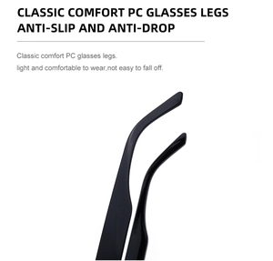 Close-up of black PC material sunglass temple with anti-slip and ergonomic curved design