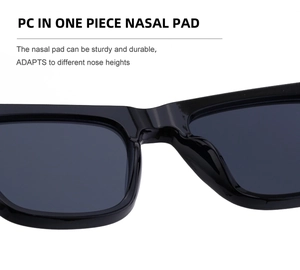 Detail of integrated black PC nose pads on square frame sunglasses for comfort