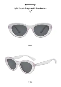 Front and side view of cat eye sunglasses with light purple frames and grey lenses