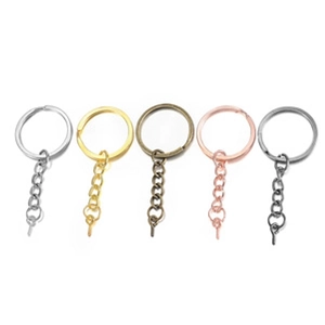 Five assorted metallic keychains in silver gold and bronze plating on white background