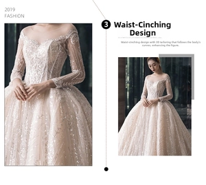 Detailed view of champagne bridal gown with sequin lace embroidery and slim waist cut