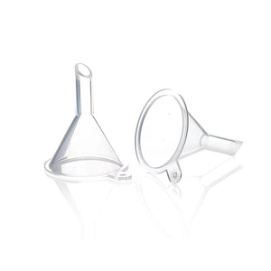 Mini transparent plastic transfer funnels for perfume and cosmetics on white background