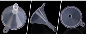 Macro detail of mini clear plastic funnels for cosmetic liquid filling from three angles