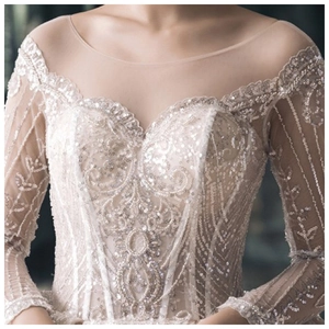 Luxurious bridal gown featuring long sleeves with silver sequins and a sheer tulle neckline