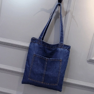 Women Denim Tote Bag Large Capacity Jeans Shoulder Bag For School Shopping Casual Minimalist Zipper Closure Front Pockets