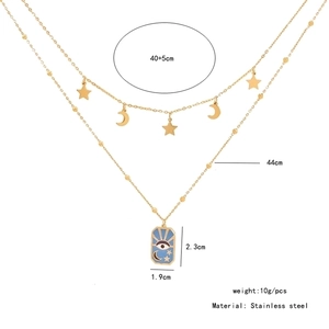 Detailed dimension guide for double layer star moon necklace with enamel eye pendant