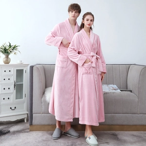 Thick pink flannel couple bathrobes with long sleeves and belts for cozy winter loungewear