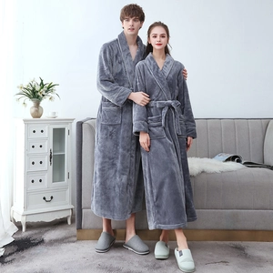 Matching couple flannel bathrobes in dark grey with notched lapel and waist belt