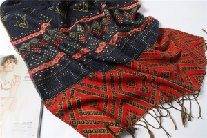Detailed view of the woven geometric pattern and fringes on navy blue and red scarf