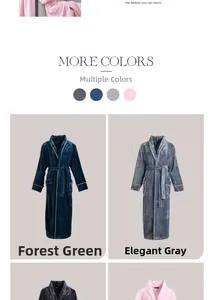 Detail showing various colors of thick flannel bathrobes with contrast piping and soft texture