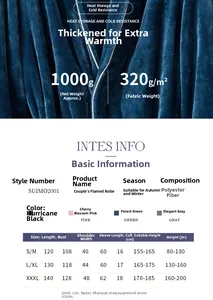Size chart for winter flannel couple bathrobe with measurements in S, M, L, XL, and XXXL